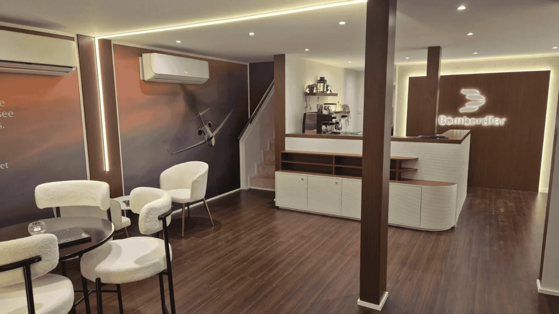 Modern office lobby with Bombardier logo and seating