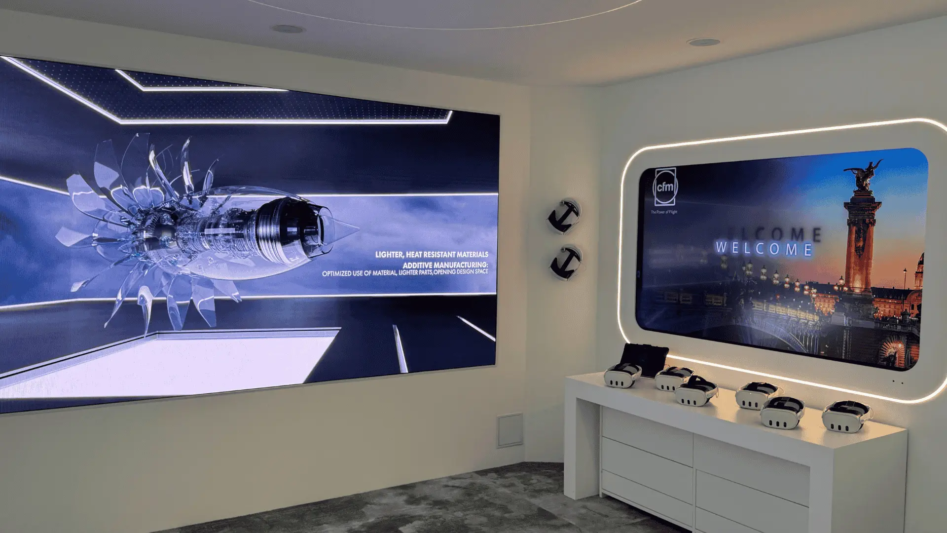 Modern aerospace showroom with jet engine display