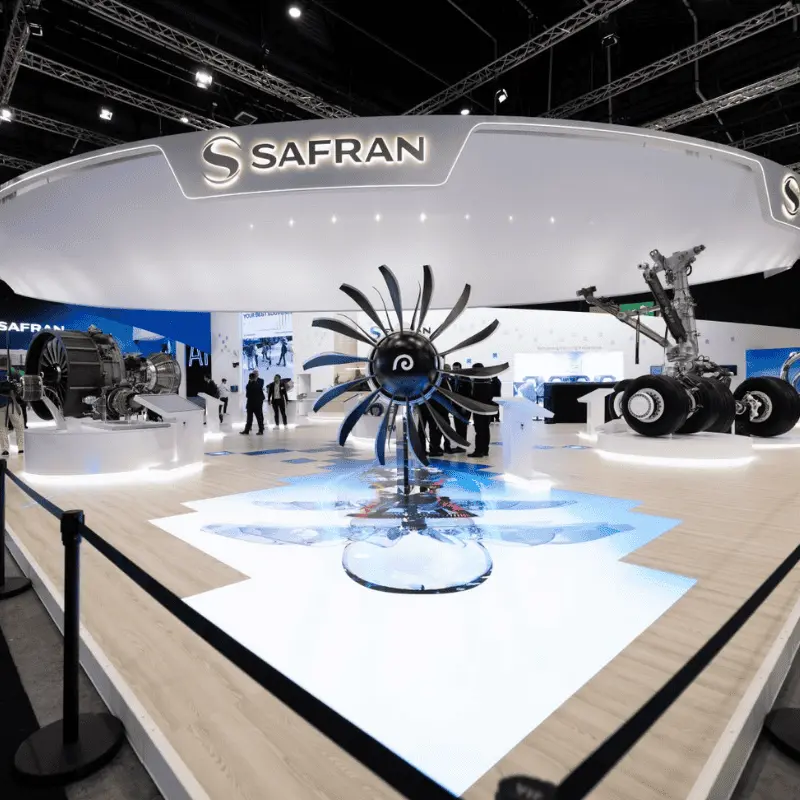 Safran booth showcasing aircraft engine and landing gear