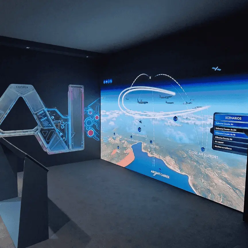 Interactive military simulation display with aircraft and map